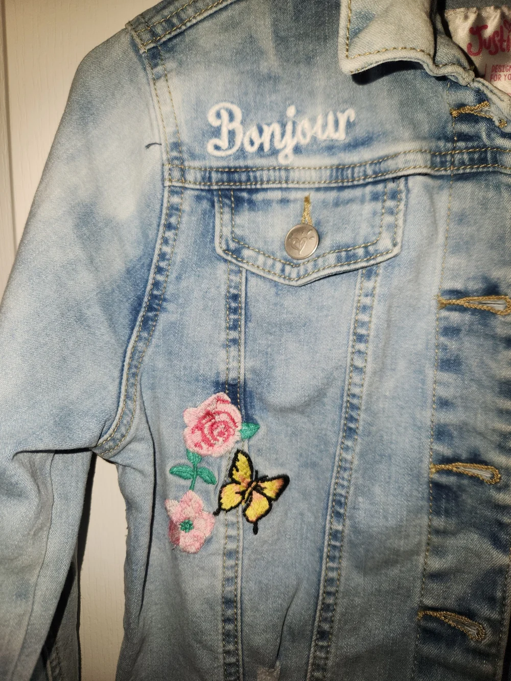 Justice Light Blue Embroidered Floral & Butterfly Denim Jacket